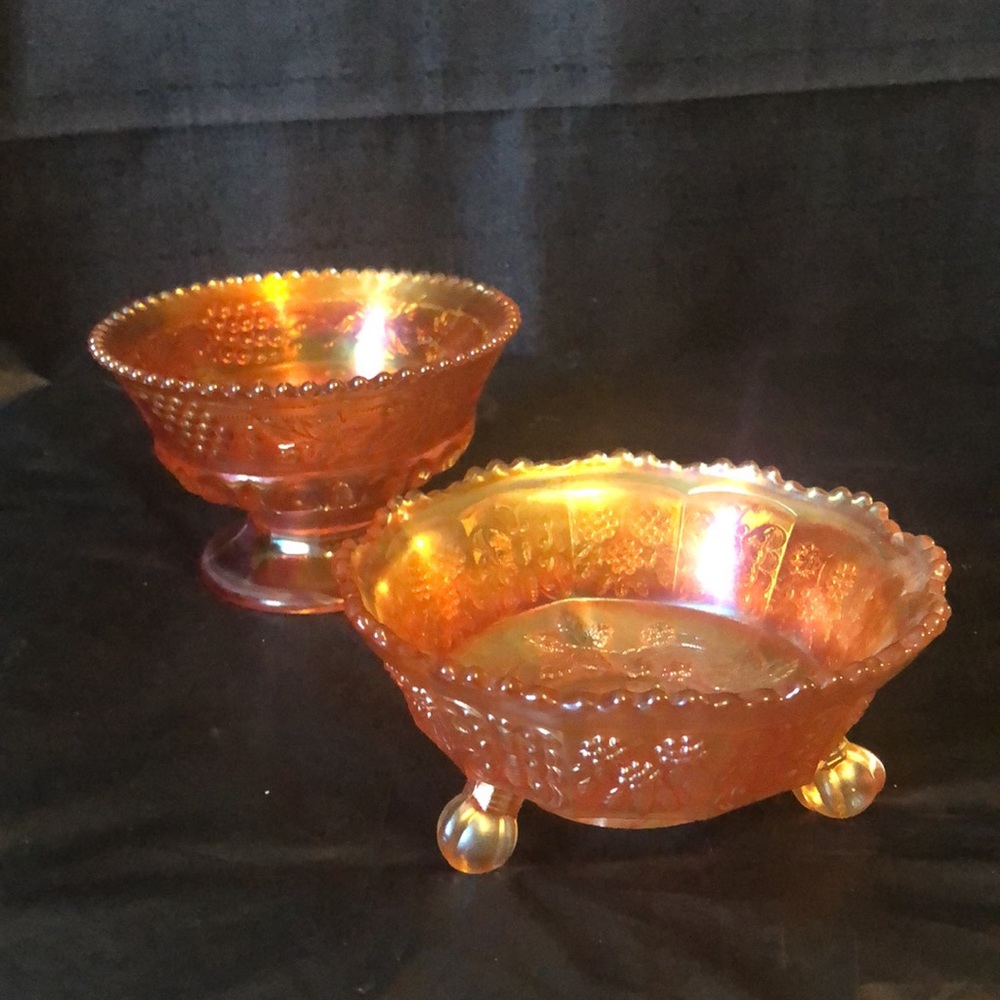 Carnival glass; gilded orange pedestal grapes & butterfly motifs EUC